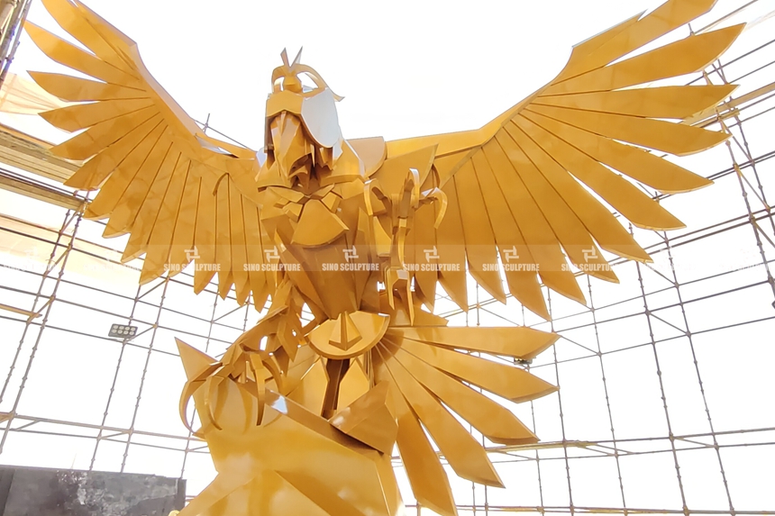 Spray-Painted-Brass-Falcon-Sculpture-Site-Installation-Completion